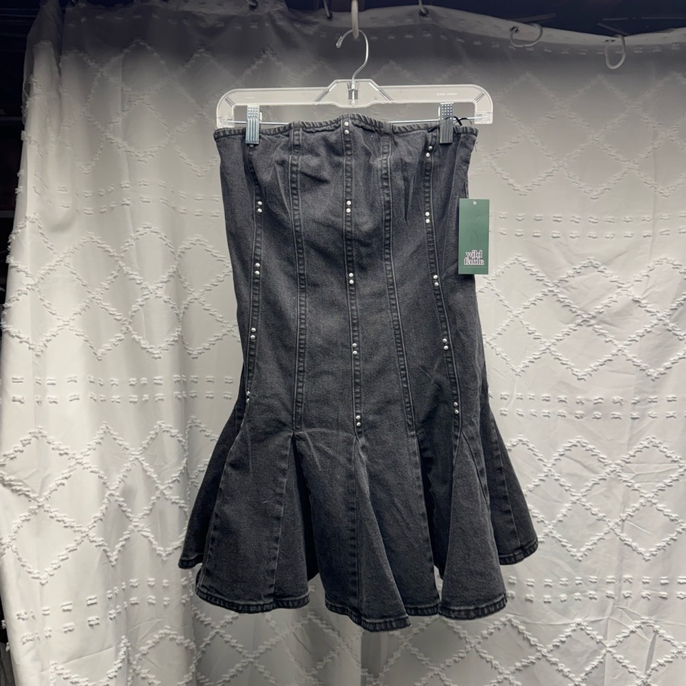 Wild Fable Women's Medium Studded Strapless Denim Mini Dress - Black Wash